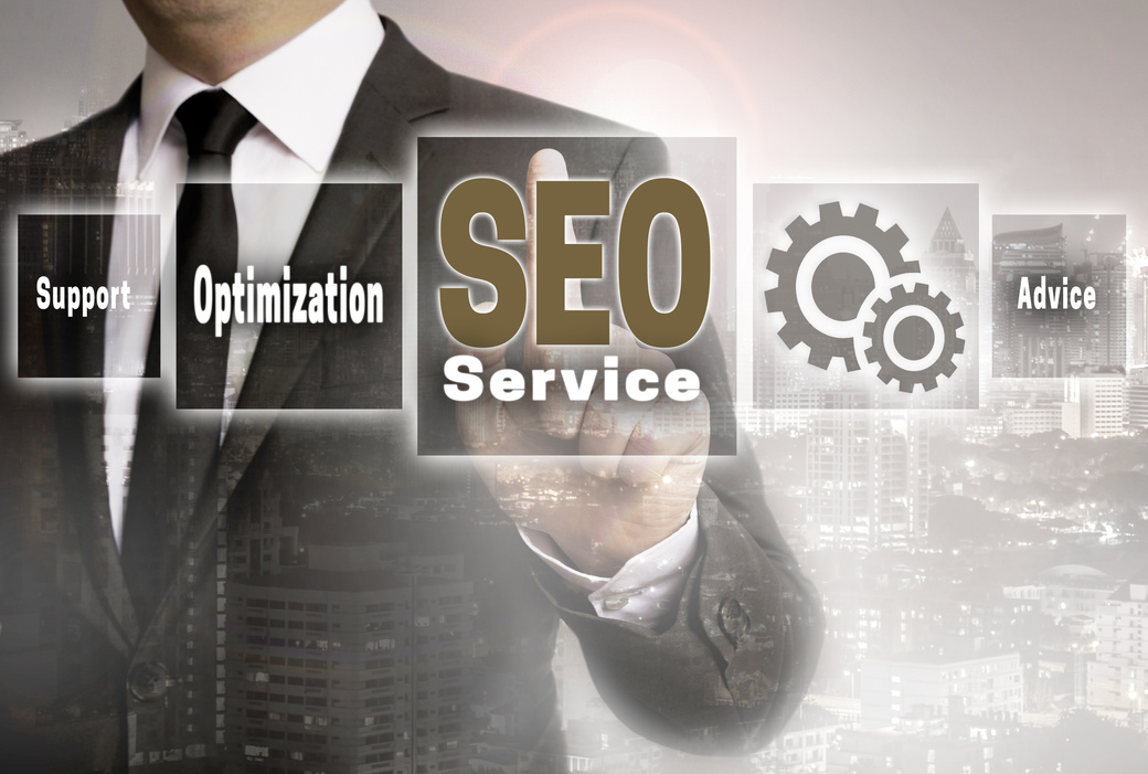 SEO service businessman with city background concept